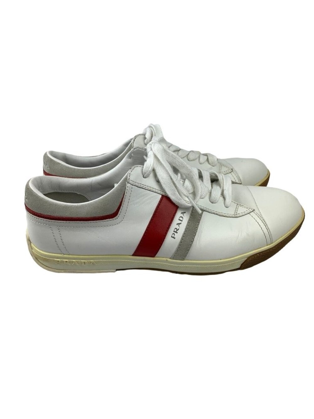 Men's Prada America Cup White Red Grey Leather Sneakers Size 9.5